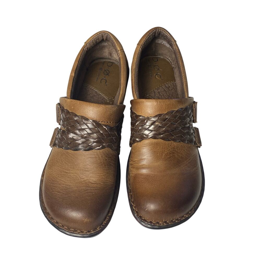 b.o.c. Brown Leather Braided Strap Accent Clogs Women's Size 6.5